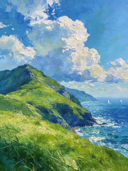 Seashore Paintings, Mountains Meet the Azure Sea, Heavy Texture Oil Paintings, On Canvas Small Paintings, Hand Painted Canvas Art, Original Small Paintings-artworkcanvas