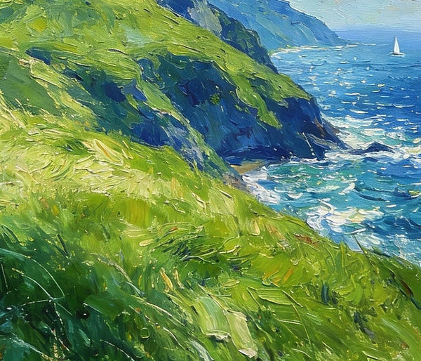 Seashore Paintings, Mountains Meet the Azure Sea, Heavy Texture Oil Paintings, On Canvas Small Paintings, Hand Painted Canvas Art, Original Small Paintings-artworkcanvas