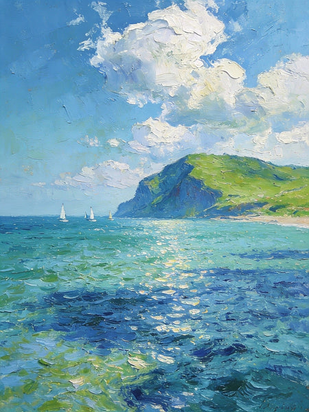 Sailboat in a Sheltered Bay, Landscape Small Paintings, Small Paintings on Wall, Original Small Paintings on Canvas, Heavy Texture Oil Paintings, Small Paintings on Canvas-artworkcanvas