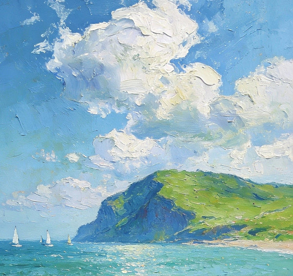 Sailboat in a Sheltered Bay, Landscape Small Paintings, Small Paintings on Wall, Original Small Paintings on Canvas, Heavy Texture Oil Paintings, Small Paintings on Canvas-artworkcanvas