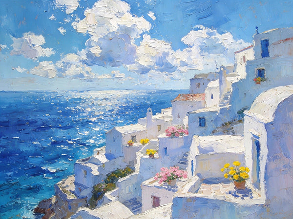 Summer's Day on the Aegean Blue Sea, Palette Knife Artwork, Small Landscape Paintings, Original Oil Paintings, Small Oil Paintings on Canvas, Hand Painted Canvas Art-artworkcanvas