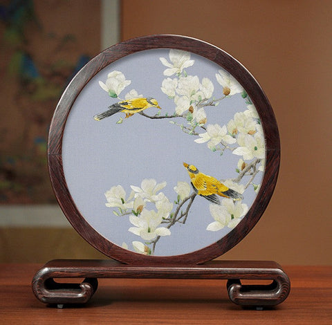 Creative Birthday Gift, Flower and Birds Embroidery Ornaments, Traditional Chinese Suzhou Silk Embroidered Ornament, Premium Souvenir, Exclusive Business Presents-artworkcanvas