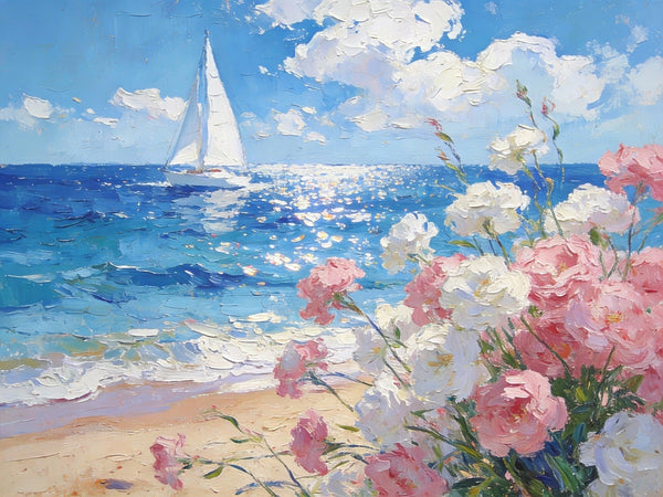 Blooms by the Shore, A Sailboat’s Journey, Simple Painting Ideas, Hand Painted Wall Art, Small Wall Paintings, Landscape Canvas Paintings, On Canvas Small Paintings-artworkcanvas