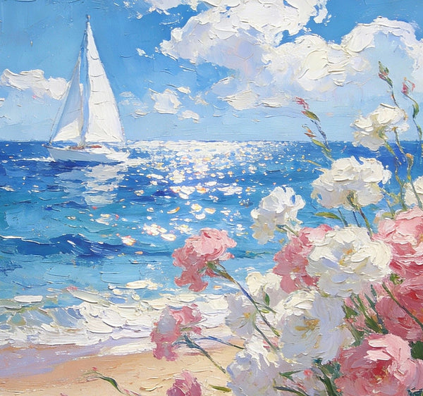 Blooms by the Shore, A Sailboat’s Journey, Simple Painting Ideas, Hand Painted Wall Art, Small Wall Paintings, Landscape Canvas Paintings, On Canvas Small Paintings-artworkcanvas