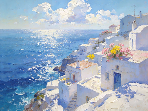 Small Wall Paintings, Santorini Impressions, White Villages by the Azure Sea, Simple Painting Ideas, Hand Painted Wall Art, Landscape Canvas Paintings, On Canvas Small Paintings-artworkcanvas