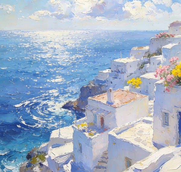 Small Wall Paintings, Santorini Impressions, White Villages by the Azure Sea, Simple Painting Ideas, Hand Painted Wall Art, Landscape Canvas Paintings, On Canvas Small Paintings-artworkcanvas