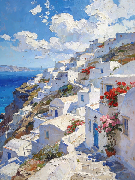 Cliffside Village, A Glimpse of the Aegean, Original Artwork Small Paintings, Hand Painted Canvas Art, On Canvas Small Paintings, Palette Knife Artwork, Landscape Canvas Paintings-artworkcanvas