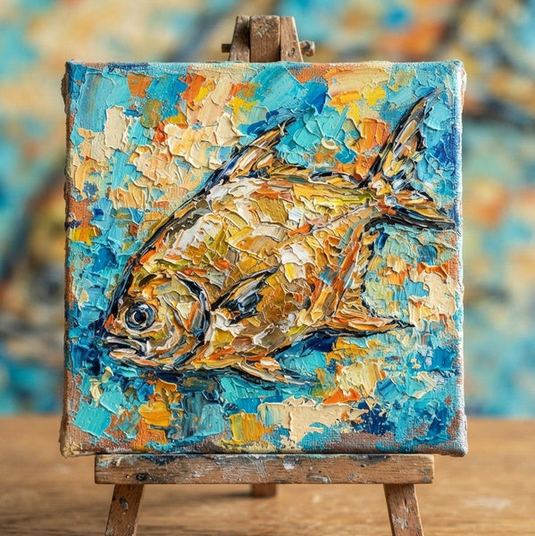 Golden Pomfret Fish Painting, Small Art on Canvas, Ready to Hang Artwork, Original Acrylic Paintings, Heavy Texture Painting, Impasto Artwork, Hand Painted Canvas Art