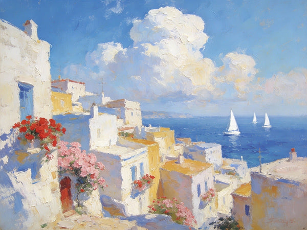 Small Paintings On Canvas, Coastal Santorini, A Vibrant Scene with Sailboats and Villages, Simple Painting Ideas, Hand Painted Wall Art, Small Wall Paintings, Landscape Canvas Paintings-artworkcanvas