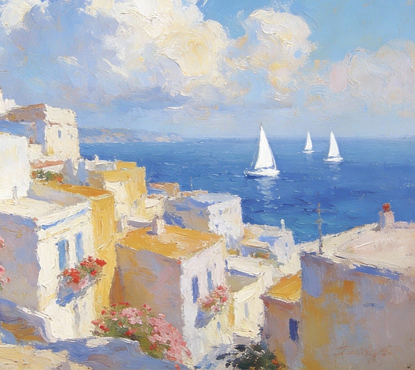 Small Paintings On Canvas, Coastal Santorini, A Vibrant Scene with Sailboats and Villages, Simple Painting Ideas, Hand Painted Wall Art, Small Wall Paintings, Landscape Canvas Paintings-artworkcanvas
