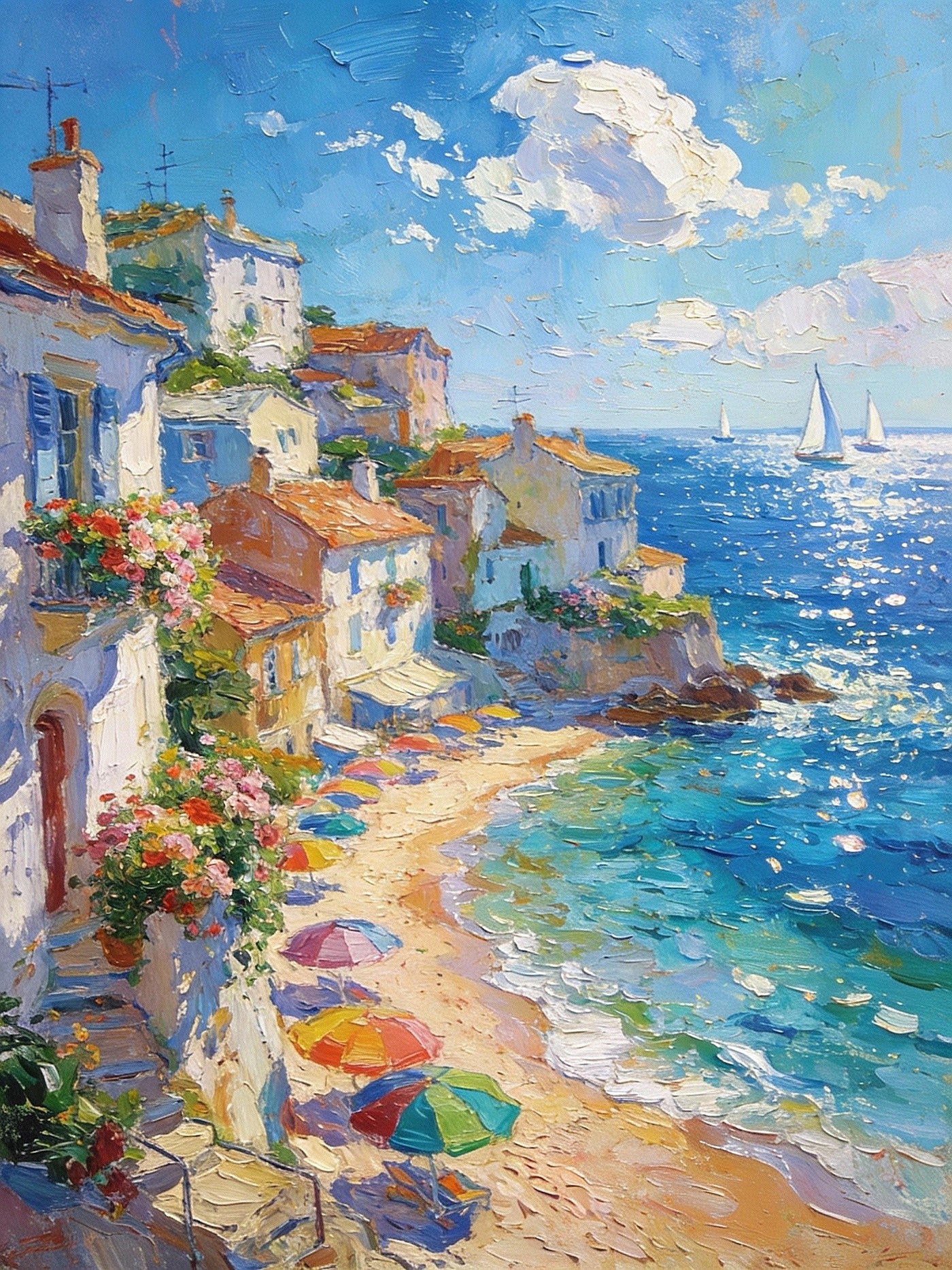 Azure Days Summer Holiday On The Mediterranean, Seascape Oil Painting, Blue Ocean Waves, Coastal Art