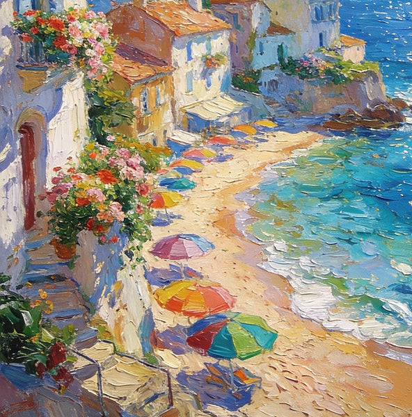 Azure Days - A Summer Holiday on the Mediterranean, Landscape Oil Paintings, Impasto Wall Art Paintings, Original Small Paintings on Canvas, Heavy Texture Oil Paintings, Small Paintings on Canvas-artworkcanvas