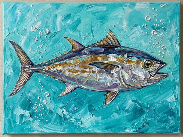 Ready to Hang Artwork, Tuna Fish Painting, Small Art on Canvas, Original Acrylic Paintings, Heavy Texture Painting, Impasto Artwork, Hand Painted Canvas Art