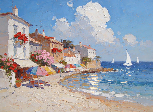 Seaside Summer Holiday, Small Oil Paintings on Canvas, Palette Knife Artwork, Landscape Canvas Paintings, Hand Painted Canvas Art, Original Oil Paintings-artworkcanvas