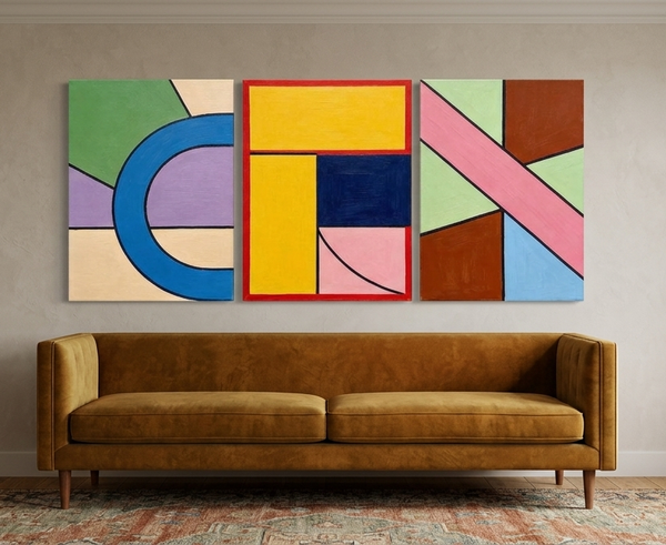 Colorful Abstract Paintings for Mid Century Bedroom, Geometric Abstract Art, Multi Panel Group Paintings-artworkcanvas