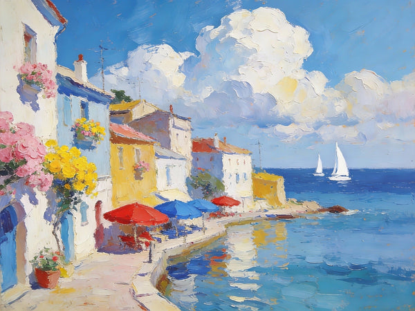 The Quiet Seaside Town, Small Oil Paintings on Canvas, Palette Knife Artwork, Landscape Small Paintings, Small Wall Paintings, Original Oil Paintings-artworkcanvas