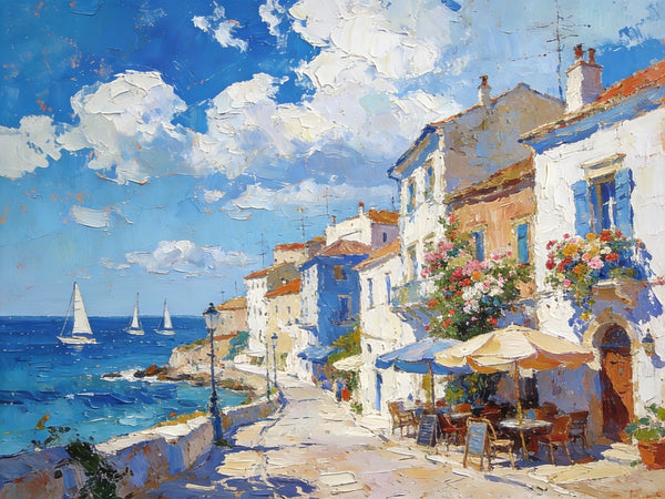 Serene Town by the Sea, A Colorful Coastal Landscape, Hand Painted Canvas Art, On Canvas Small Paintings, Small Landscape Paintings, Landscape Wall Art Paintings, Original Oil Paintings-artworkcanvas