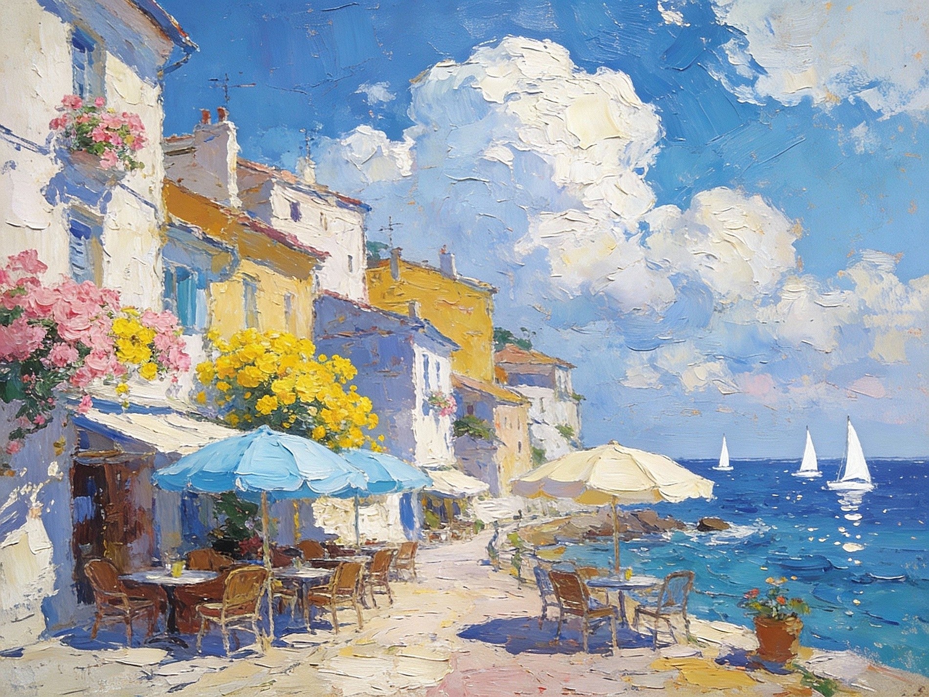 Small Paintings On Canvas A Seaside Cafe Summer Resort Hand Painted Coastal Artwork