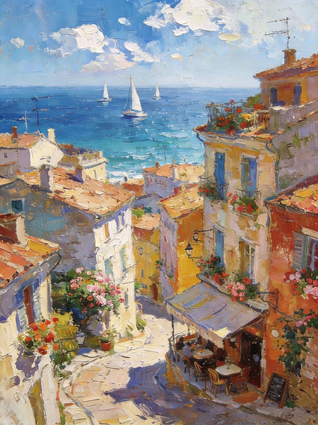 Impasto Wall Art Paintings, A Leisurely Town by the Mediterranean, Landscape Oil Paintings, Original Small Paintings on Canvas, Heavy Texture Oil Paintings, On Canvas Small Paintings-artworkcanvas