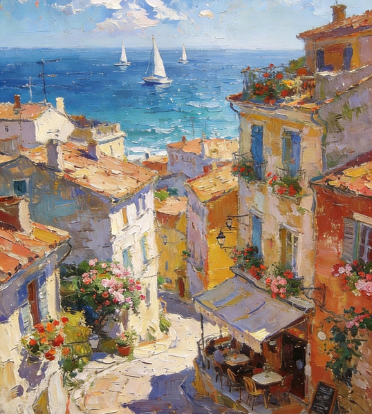 Impasto Wall Art Paintings, A Leisurely Town by the Mediterranean, Landscape Oil Paintings, Original Small Paintings on Canvas, Heavy Texture Oil Paintings, On Canvas Small Paintings-artworkcanvas