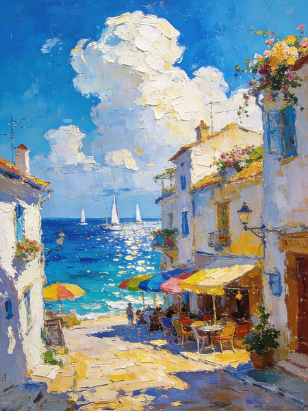 Small Paintings On Canvas, Vibrant Coastal Village, Colorful Houses by the Sea, Hand Painted Canvas Art, Landscape Oil Paintings, Original Artwork Small Paintings on Wall-artworkcanvas