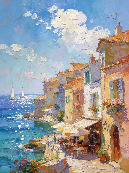 Seaside Cafe Days, Summer Resort, Landscape Oil Paintings, Impasto Wall Art Paintings, Original Small Paintings on Canvas, Heavy Texture Oil Paintings, On Canvas Small Paintings-artworkcanvas