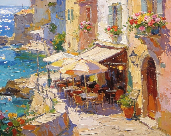 Seaside Cafe Days, Summer Resort, Landscape Oil Paintings, Impasto Wall Art Paintings, Original Small Paintings on Canvas, Heavy Texture Oil Paintings, On Canvas Small Paintings-artworkcanvas