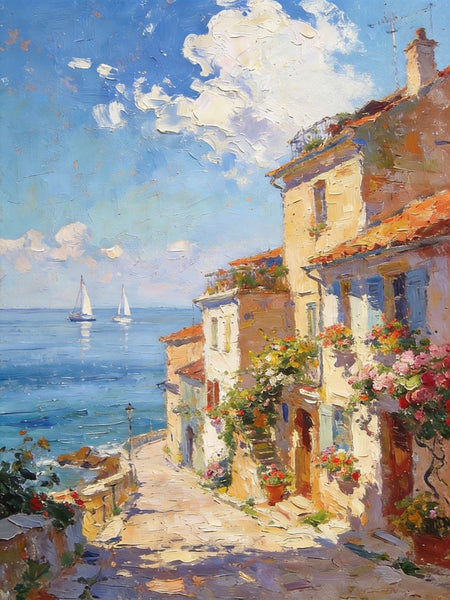 On Canvas Small Paintings, Sunlit Coastal Town, Flower-Adorned Streets and Sailboats, Hand Painted Canvas Art, Original Artwork Small Paintings on Wall, Landscape Oil Paintings-artworkcanvas