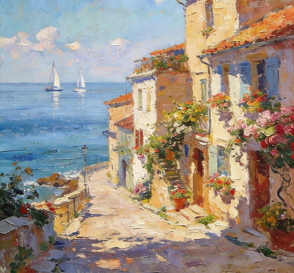 On Canvas Small Paintings, Sunlit Coastal Town, Flower-Adorned Streets and Sailboats, Hand Painted Canvas Art, Original Artwork Small Paintings on Wall, Landscape Oil Paintings-artworkcanvas