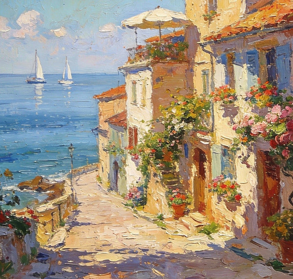 On Canvas Small Paintings, Sunlit Coastal Town, Flower-Adorned Streets and Sailboats, Hand Painted Canvas Art, Original Artwork Small Paintings on Wall, Landscape Oil Paintings-artworkcanvas