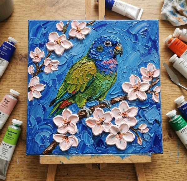 Parrot Bird Painting, Small Art on Canvas, Heavy Texture Painting, Ready to Hang Painting, Impasto Artwork, Original Acrylic Paintings, Hand Painted Canvas Art