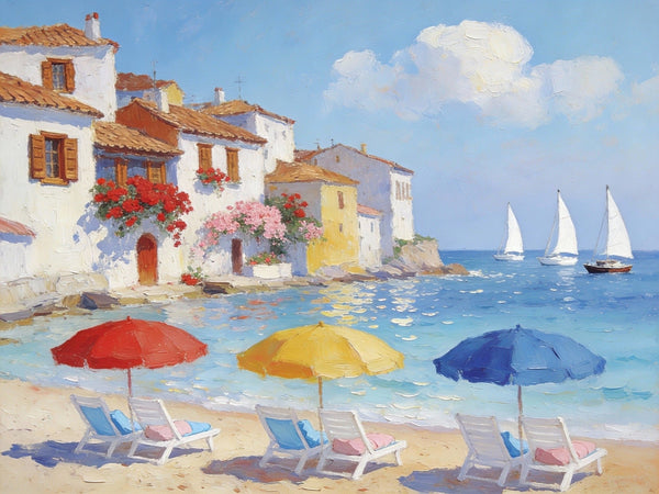 Landscape Oil Paintings, Coastal Town with Colorful Umbrellas, Small Paintings on Canvas, Original Canvas Paintings, Heavy Texture Artwork, Hand Painted Wall Art-artworkcanvas