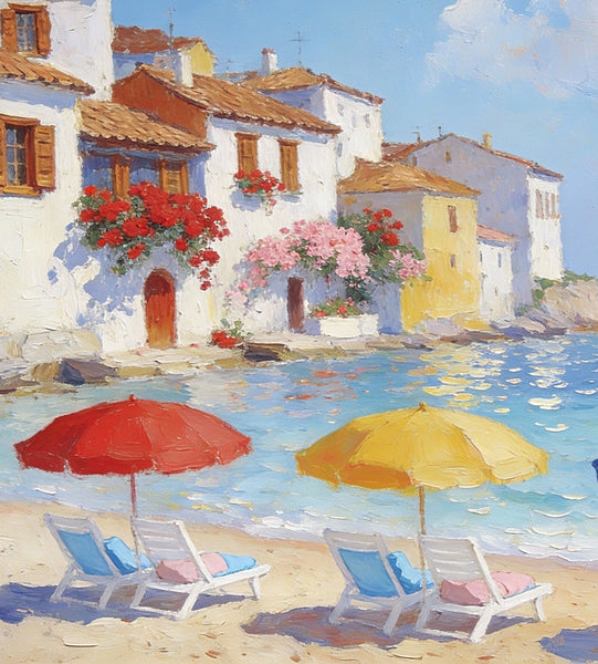 Landscape Oil Paintings, Coastal Town with Colorful Umbrellas, Small Paintings on Canvas, Original Canvas Paintings, Heavy Texture Artwork, Hand Painted Wall Art-artworkcanvas