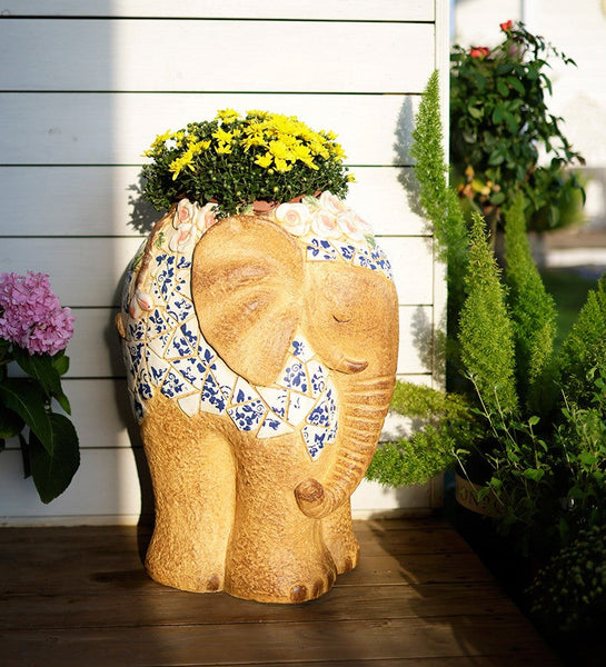Oversized Garden Flower Pot, Modern Outdoor Garden Flower Pots, Extra Large Elephant Garden Flowerpots, Animal Statue for Garden Ornaments, Large Resin Statue for Garden-artworkcanvas