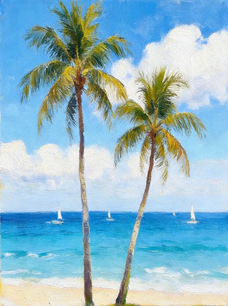 Original Seascape Paintings, Blue Sea and Coconut Trees, Hand Painted Canvas Art, Small Canvas Artwork, Original Oil Paintings, Buy Small Paintings Online-artworkcanvas
