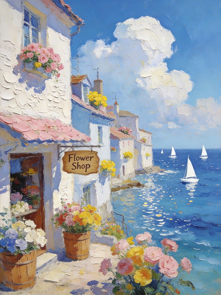 Original Small Paintings, Seaside Flower Shop in Summer, Impasto Paintings, Small Oil Paintings, Small Wall Art Paintings, Landscape Canvas Paintings-artworkcanvas
