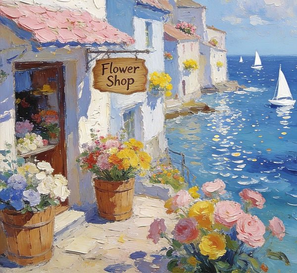 Original Small Paintings, Seaside Flower Shop in Summer, Impasto Paintings, Small Oil Paintings, Small Wall Art Paintings, Landscape Canvas Paintings-artworkcanvas