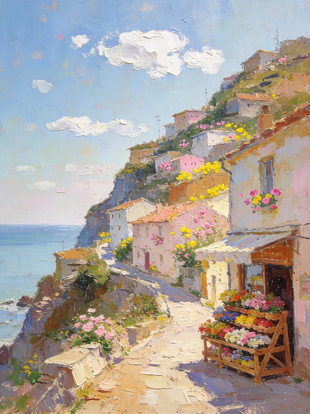 Sunlit Cliffside Town, Flowers, Houses, and Ocean Views, Original Artwork Small Paintings, Hand Painted Canvas Art, On Canvas Small Paintings, Palette Knife Artwork, Landscape Artwork, Canvas Paintings-artworkcanvas