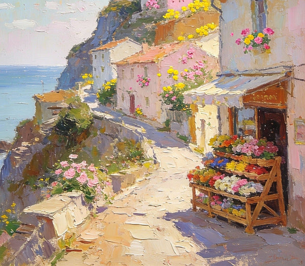 Sunlit Cliffside Town, Flowers, Houses, and Ocean Views, Original Artwork Small Paintings, Hand Painted Canvas Art, On Canvas Small Paintings, Palette Knife Artwork, Landscape Artwork, Canvas Paintings-artworkcanvas