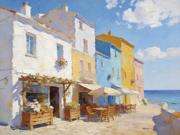 On Canvas Small Paintings, European Street Cafe, Colorful Buildings by the Sea, Simple Painting Ideas, Hand Painted Wall Art, Small Wall Paintings, Landscape Canvas Paintings-artworkcanvas