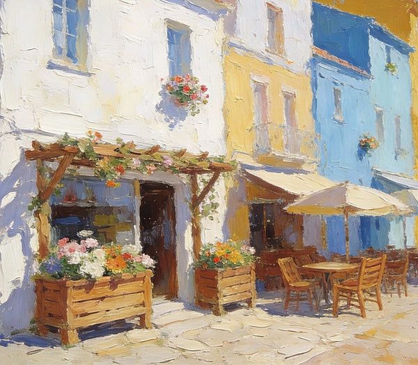 On Canvas Small Paintings, European Street Cafe, Colorful Buildings by the Sea, Simple Painting Ideas, Hand Painted Wall Art, Small Wall Paintings, Landscape Canvas Paintings-artworkcanvas