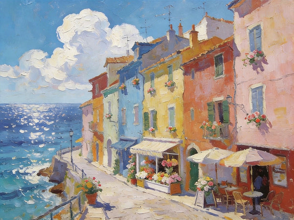 Flower Shop by the Mediterranean, Summer Resort, Hand Painted Canvas Art, Small Landscape Paintings, Original Oil Paintings, Small Wall Art Paintings, Small Paintings on Canvas-artworkcanvas