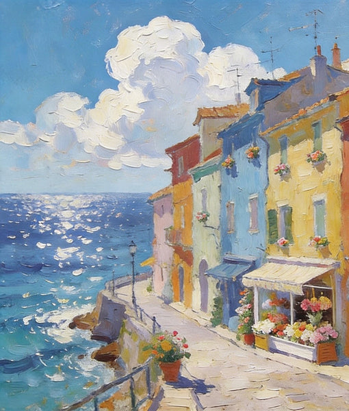 Flower Shop by the Mediterranean, Summer Resort, Hand Painted Canvas Art, Small Landscape Paintings, Original Oil Paintings, Small Wall Art Paintings, Small Paintings on Canvas-artworkcanvas