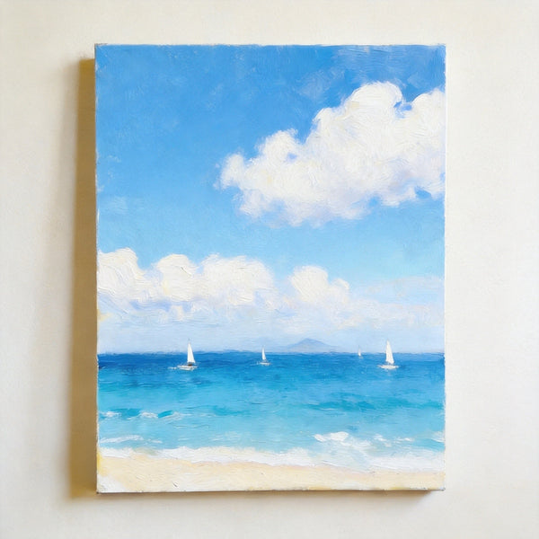 Peaceful Seashore, Sailing Boats at Sea, Hand Painted Canvas Art, Original Landscape Paintings, Small Canvas Wall Art Paintings, Original Oil Paintings, Buy Small Paintings Online