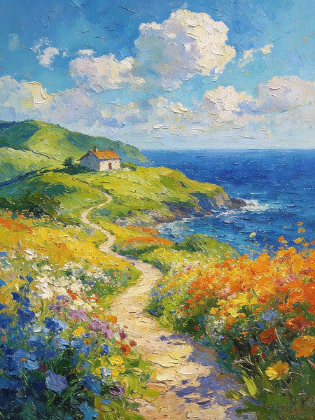 On Canvas Small Paintings, A Cottage by the Azure Sea, Hand Painted Canvas Art, Original Artwork Small Paintings on Wall, Landscape Oil Paintings-artworkcanvas
