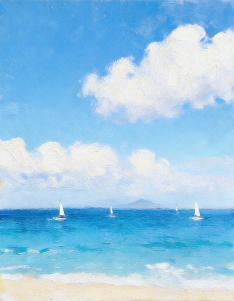 Peaceful Seashore, Sailing Boats at Sea, Hand Painted Canvas Art, Original Landscape Paintings, Small Canvas Wall Art Paintings, Original Oil Paintings, Buy Small Paintings Online