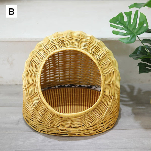 Natural Wicker Cat House Basket with Washable Cushion for Indoor Cats and Dogs, Rattan Cat Bed-artworkcanvas