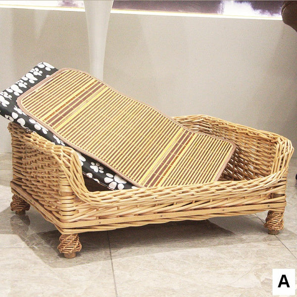 Large Natural Wicker Dog Bed with Washable Cushion for Indoor Cats and Dogs, Hand Woven Rattan Cat Beds-artworkcanvas