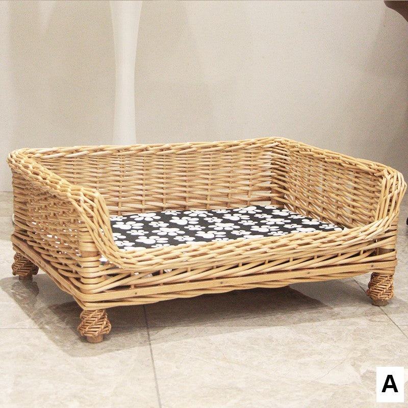 Large Natural Wicker Dog Bed with Washable Cushion for Indoor Cats and Dogs, Hand Woven Rattan Cat Beds-artworkcanvas