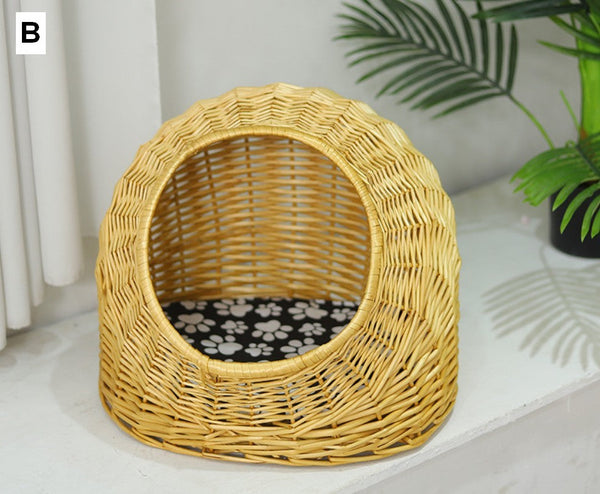 Natural Wicker Cat House Basket with Washable Cushion for Indoor Cats and Dogs, Rattan Cat Bed-artworkcanvas